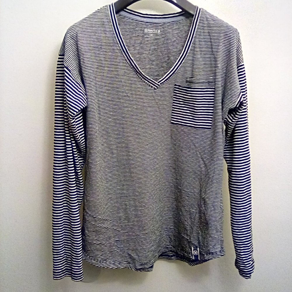 Blue and white striped long sleeve tee